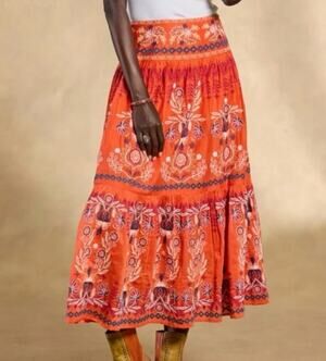 Sundance Salina Skirt Tiered Midi Maxi Embroidered Peasant Orange Petite Large